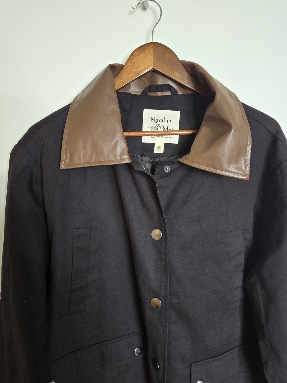 NWT Maralyn & Me Black Barn Coat w Brown Faux Leather Collar-Snap Close Size L - Picture 3 of 10
